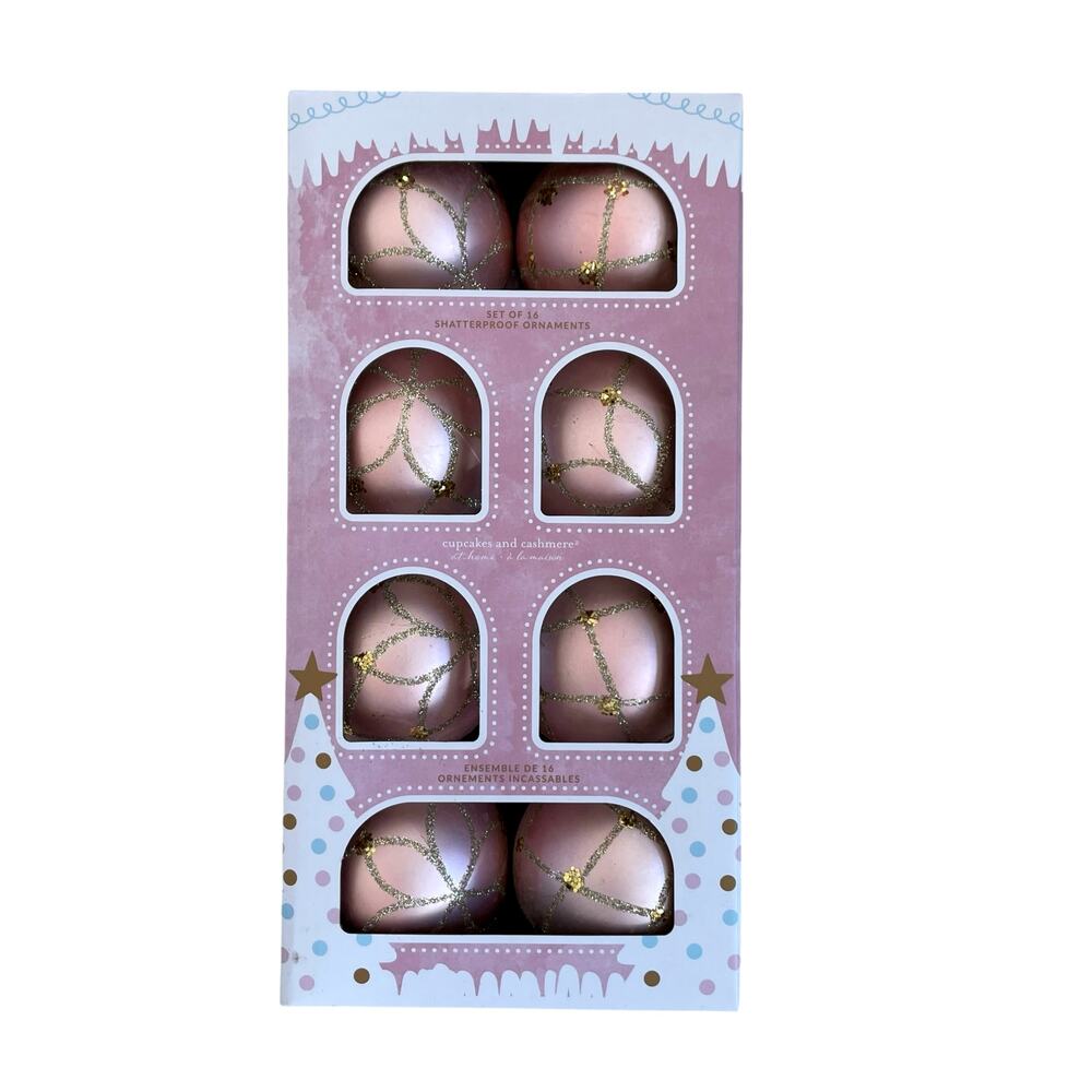 16pc Cupcakes & Cashmere Shatterproof Ornaments Pink & Gold Holiday Glam New